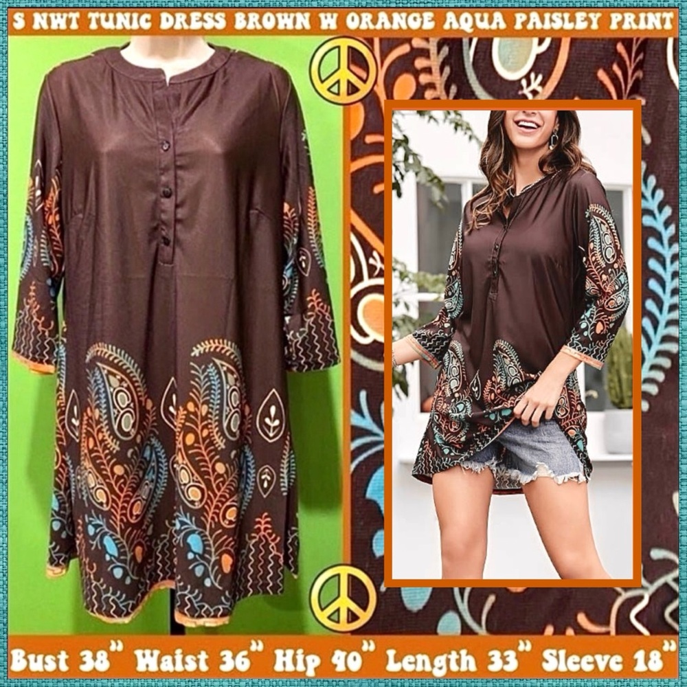 S NWT TUNIC-DRESS BROWN ORANGE AQUA PAISLEY PRINT BOHO RETRO INDIE~33" L